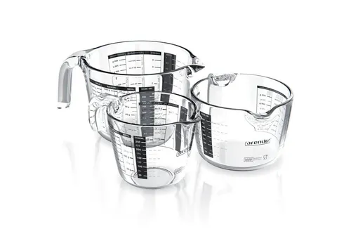 Arendo Messbecher Set 250 ml, 500 ml & 1000 ml aus Borosilikatglas - Präzise Messungen für perfekte Ergebnisse! Dieses 3-teilige Set aus hitzebeständigem Borosilikatglas ist ideal zum Abmessen von heißen und kalten Flüssigkeiten und spülmaschinengeeignet.
