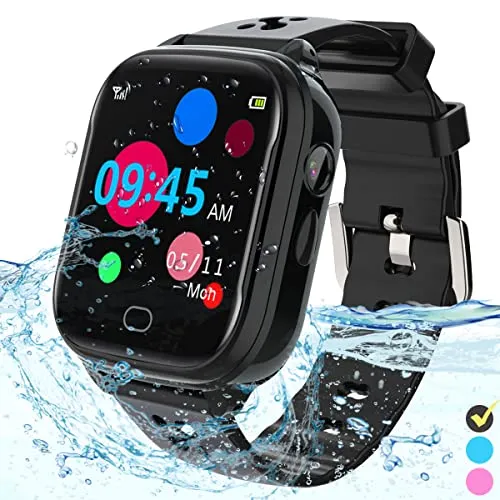 FRLONE Kinder-Smartwatch Telefon – IP67 Smartwatch Jungen Mädchen mit Touchscreen 5 Spiele Kamera Alarm SOS Anruf Digital Armbanduhr für 3-13 Jahre Kinder Geburtstagsgeschenk (Schwarz)
