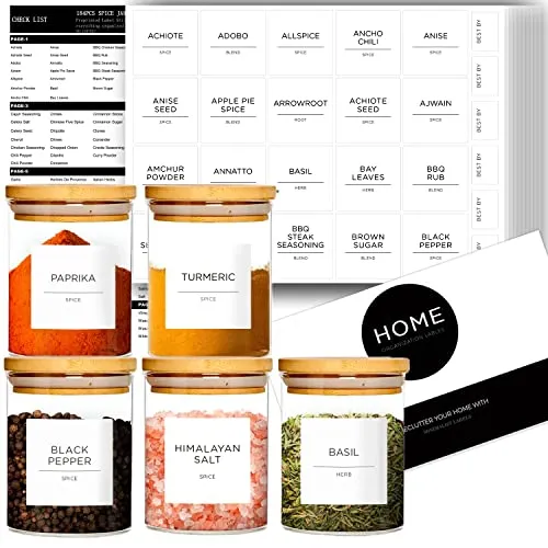 Minimalistische Gewürzetiketten, 5 x 5 cm, schwarzer Text auf Weiß, wasserfeste Aufkleber für Gewürzgläser, Glasbehälter und Behälter, inklusive exklusivem nummeriertem Referenzblatt, 184 Stück