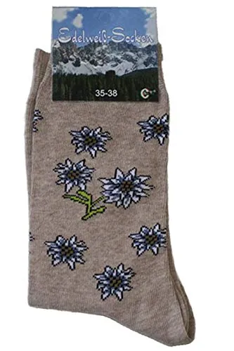 Unisex Trachtensocken Edelweiß-Socken Blütenmuster Kurze socken, 39-42, Braun Melange