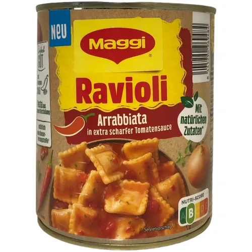 Maggi Ravioli Arrabiata 800g Dose - Extra scharfe Tomatensauce - Nudelgerichte mit intensivem Geschmack, ideal für schnelle und scharfe Mahlzeiten, perfekt für 3-4 Portionen.