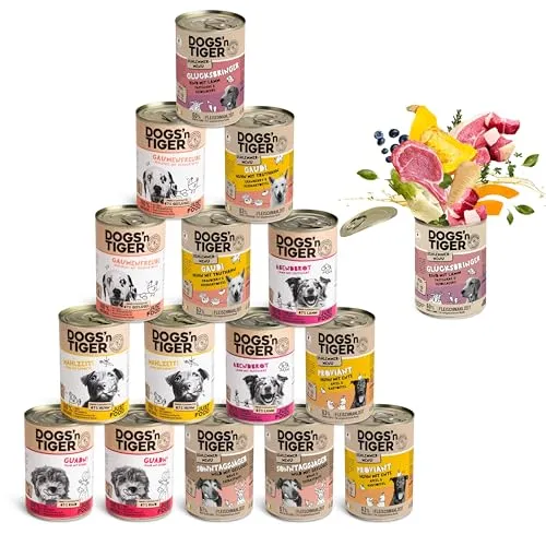 Dogs’n Tiger Adult Hundefutter, Nassfutter, Getreidefrei, ohne Zuckerzusatz & künstliche Konservierungsstoffe, Mixpaket Schlemmerparadies, Rind, Lamm, Truthahn, Huhn & Ente, 16x 200g