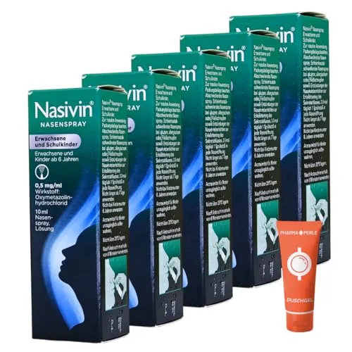 Nasivin Nasenspray 5 x 10ml für Erwachsene und Schulkinder mit Oxymetazolin bei Schnupfen I Sparset mit give-away von Pharma Perle