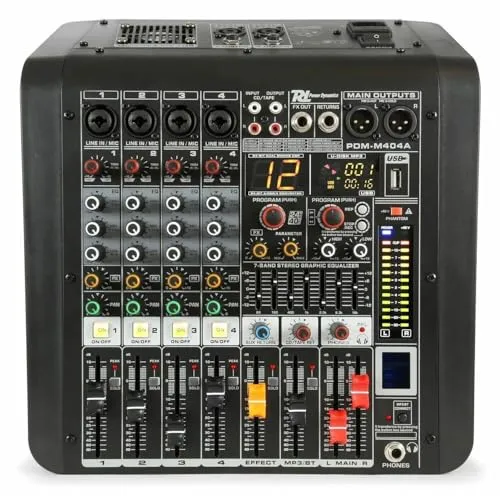 Power Dynamics PDM-M404A - Audio Mischpult mit integriertem Verstärker - 4-Kanal Audio Mixer - Bluetooth - MP3 - USB - Mikrofonanschluss - DMX - Speakon - professionelles Soundmischpult für Einsteiger