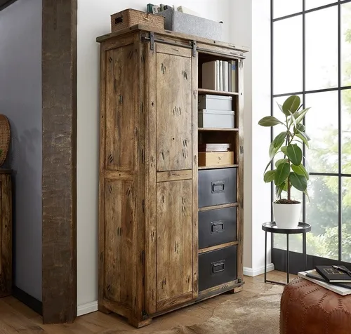 Schrank Highboard Massivholz 100x175cm Mango Holz massiv & Eisen NEU OVP!!!