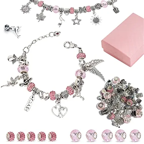 Linkbro DIY Charm Armband Kit, Geschenk Mädchen 8-12 Jahre, Armbänder Selber Machen Schmuck Bastelset für Kinder mit 3 versilberte Kette und Geschenkbox
