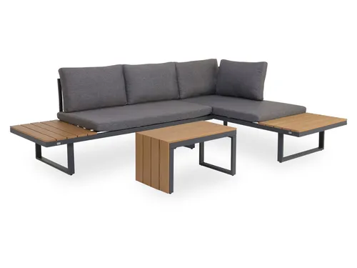 Gartenlounge Set Aluminium und Holzimitat mit Kissen - Gartenmöbel aus langlebigem Aluminium, inklusive bequemer Sitz- und Rückenkissen in Grau für höchsten Komfort im Freien.