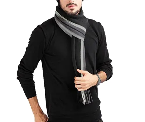 MAKFORT Herren Schal Schwarz Grau Gestreift Herbst Winter Dicker Kaschmir Herrenschal Plaid Karo Solid Schal, Streifen-Farbverlauf, Einheitsgröße