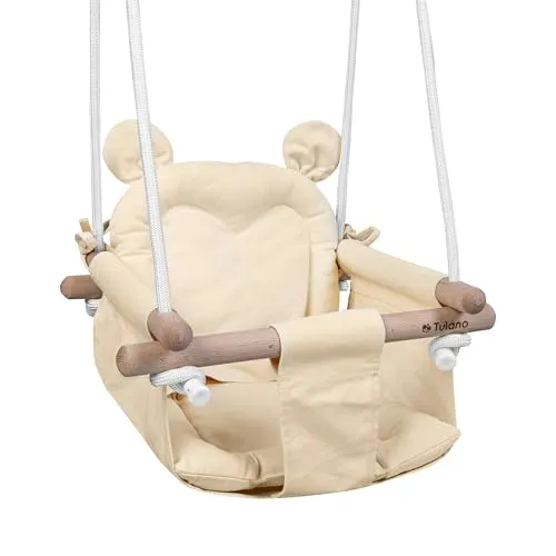Tulano Hop 30 Beige| Baby Schaukel Hängesitz für Kinder 6-36 Monate | Indoor & Outdoor | Sicherheitsgurt & Kissen | Holz & Baumwolle | Einfache Montage | Belastbar bis 60 kg