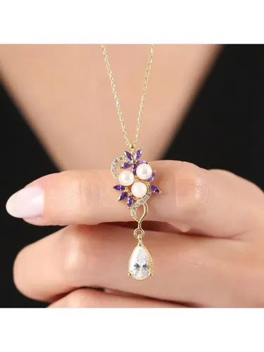 Nisan Ketten und Armband Set, Damenkette mit Perlen – Blumen-Design, vergoldet, 925er Silber