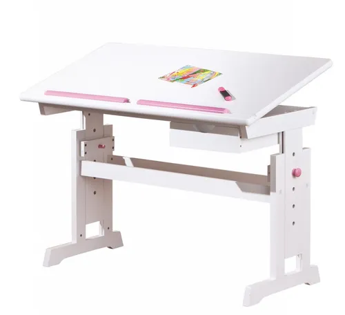 Kinderschreibtisch Baru + Rollcontainer Simon – Komplettset in Weiß - Stabiler Kinderschreibtisch aus Kiefernholz, höhenverstellbar und mit neigbarer Tischplatte. Inkl. Rollcontainer mit 6 Schubladen für Ordnung. Ideal für ungestörte Hausaufgaben und lange Nutzung.