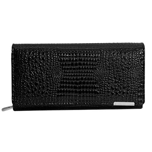 Jennifer Jones XXL Damenbörse - Hochwertige Lack Leder Geldbörse (Schwarz Snake Style) - Damen-Geldbörse im XXL Format aus feinstem Lackleder, mit 2 Klarsichtfächern, 8 Kreditkartenfächern und 2 großen Geldscheinfächern für optimale Organisation.