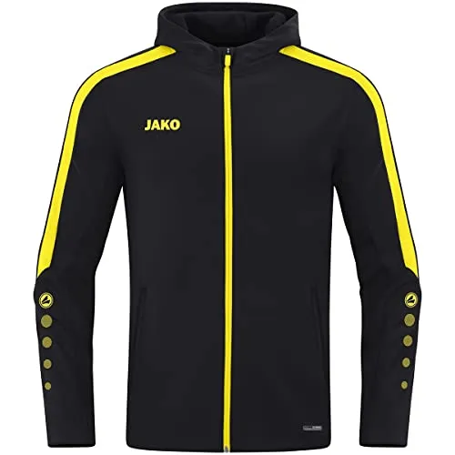 Jako Kapuzenjacke Power schwarz/citro 128 - Funktionsjacke für Kinder mit weichem Fleece-Innenfutter, ideal für Sportaktivitäten bei kühlen Temperaturen. Mit Kapuze, Reißverschlusstaschen und auffälligem Wabenstruktur-Design.