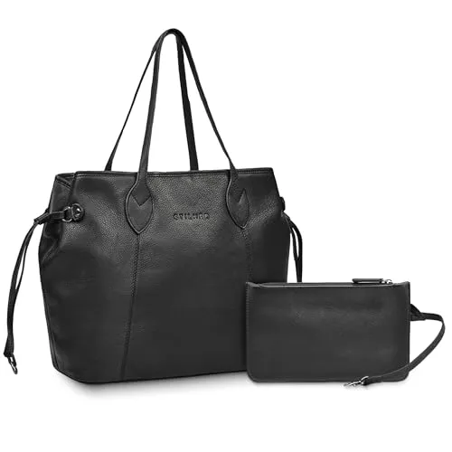 STILORD 'Camelia' 2-Teilige Shopper Tasche Damen Groß Echt-Leder Handtaschen Set mit Geldbörse - Ledertasche für Frauen Große Schultertasche für Uni Arbeit und Freizeit, Farbe:schwarz