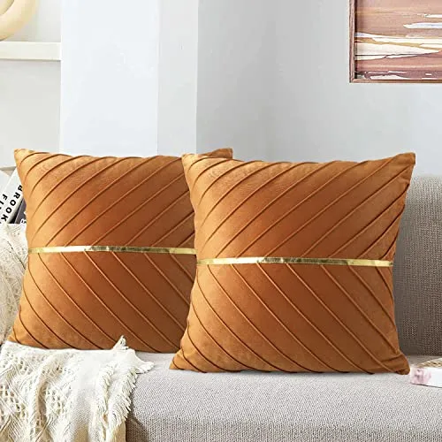 MAIXUN Kissenbezug Set Braun 45x45 cm Deko Kissen Wohnzimmer Golden Strip Decoration Samt Sofakissen Weich Couchkissen Zierkissenbezug für Wohnzimmer Schlafzimmer 2er Set