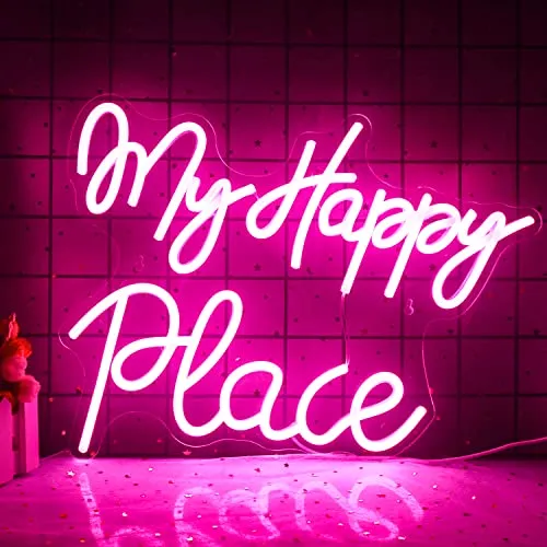 My happy place Neon schild Rosa Neon Sign für Wand Dekor Neonlicht schriftzug mit USB-betrieben für Schlafzimmer, Spielzimmer, Bar, Party, Geburtstag
