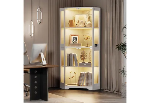BROTTAR Glasvitrine Curio-Schrank, Eckvitrine, 4 Böden mit LED-Beleuchtung (1-St) mit menschlichem Körpersensor für Spielzeug, Bücher, weiß