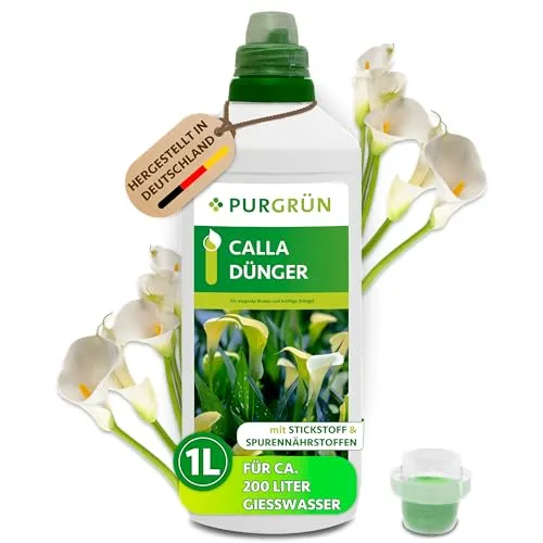 Purgrün Calla Dünger 1L - Blumendünger mit NPK 8+8+6, angereichert mit Guano und Aqua Plus für optimale Wasseraufnahme und prächtige Blüten. Ideal für gesunde Pflanzen in Töpfen und Kübeln.
