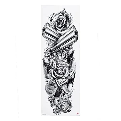 XXL Tattoo - Revolver, Rosen, Geld - Temporäres Körper Tattoo - TQB190 (2) 2 x