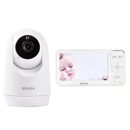 BÉABA, Babyphone Kamera Zen Plus 2-360° dehbar, 5 Zoll HD-Bildschirm, Nachtsicht, Walkie-Talkie, Thermometer, 8 Wiegenlieder, Reichweite 300m, Betriebsdauer 20h, 4 anschließbare Kameras, Weiß