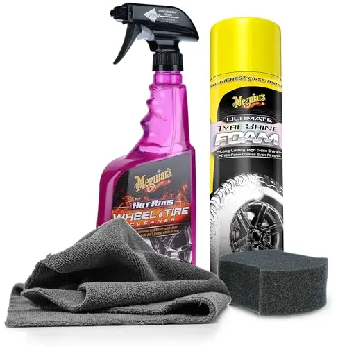 Auto Reifenpflege & Felgenpflege Set | Meguiar's Ultimate Tyre Shine Foam + Meguiars Hot Rims Wheel Cleaner + Applikator Pad + Mikrofasertuch | Pflege & Reinigung von Felgen & Reifen