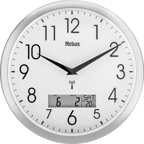 Funk-Wanduhr - weiß-silber - Ø 30 cm - Elegante Funkuhr in weiß-silber mit analogem Ziffernblatt und digitaler Anzeige für Datum und Raumtemperatur – perfekt für stilvolle Wohnräume.