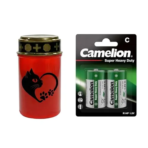 Fachhandel Plus LED Grablicht Katze, batteriebetriebenes Gedenklicht mit flackernder LED Flamme als sicherer Grabschmuck für Tiergrab und Gedenkplatz - ewiges Licht (Rot, Kopf Herz Pfote)