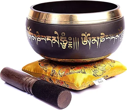 HIMALAYAN BAZAAR Tibetisches Klangschalen-Set – einfach zu spielen, authentisch handgefertigt für Meditation, Klangschale, Chakra, Yoga, Heilung, 10,2 cm (Schwarz - Gelb)