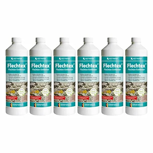 HOTREGA Flechtex 6x 1 Liter - Gebrauchsfertiger Flechtenentferner - Moosbekämpfung: Effektiv gegen Flechten und Algen auf Steinoberflächen, schnell wirksam in nur 30 Minuten und 100% säure- und chlorfrei für empfindliche Materialien.
