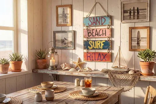 riess-ambiente Wanddekoobjekt SURF & BEACH 110cm bunt – Maritimes Dekoschild für ein entspanntes Wohnambiente - Buntes Wanddekoobjekt aus Holzfaserplatte, ideal für die Wandgestaltung im Coastal-Stil. Mit einfacher Aufhängung und fröhlichen Schriftzügen bringt es Urlaubsflair in jeden Raum.