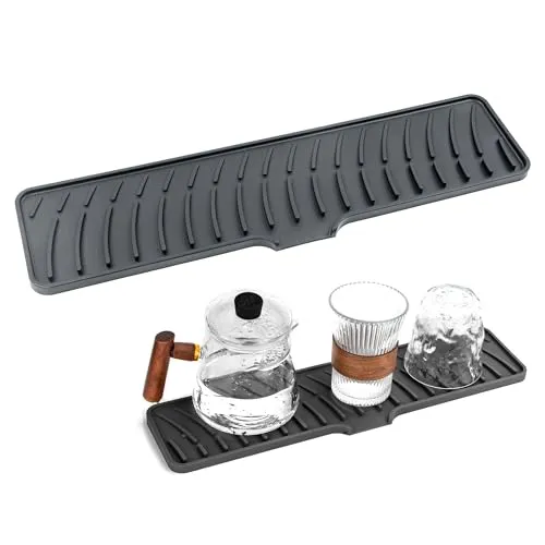 Schmale Silikon Abtropfmatte für Geschirr, Rutschfeste Spülbecken Matte mit Ablauf, Wasserdicht, SpüLmatte für SpüLbecken für Küche oder unter Schneidbrett, Schwarz, 42x10cm