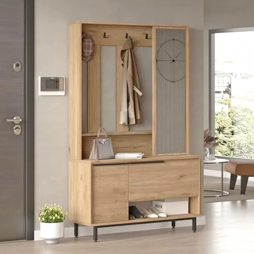 [en.casa] Kompaktgarderobe Vesanto mit Spiegel - Garderobenständer mit elegantem Design, großzügigem Stauraum und pflegeleichter Oberfläche – ideal für Flur oder Ankleidezimmer.
