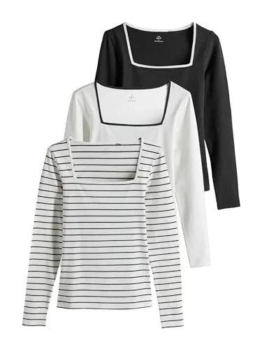THE SET Damen Langarmshirts 3er-Pack - Schwarz, Weiß, Streifen - Stylische Langarmshirts mit eckigem Ausschnitt, ideal für vielseitige Looks. Hochwertige Materialien sorgen für hohen Tragekomfort.