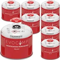 EVOCAMP Gaskartusche Butan Propan 300g - Ideal für Weber Q100/1200 - Gaskartuschen für Grill und Camping, 8 Stück, mit Schraubventil, sicher und zuverlässig für unvergessliche Outdoor-Erlebnisse.