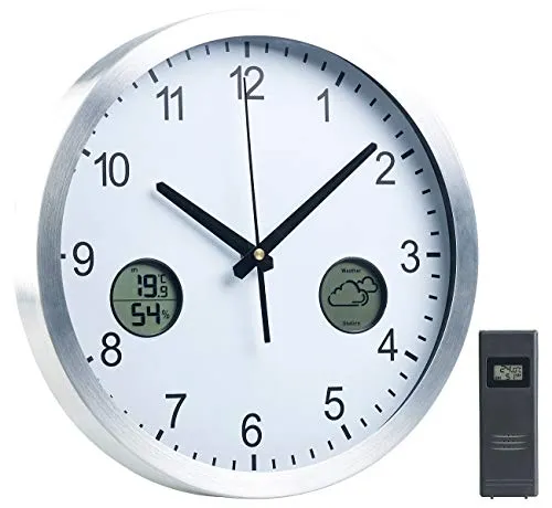 St. Leonhard Funk-Wanduhr mit digitaler Wetterstation - Wanduhren mit DCF77-Funk für präzise Zeitangabe, große Ziffern und integrierte Wetterstation mit Außensensor zur Temperatur- und Luftfeuchtigkeitsmessung.