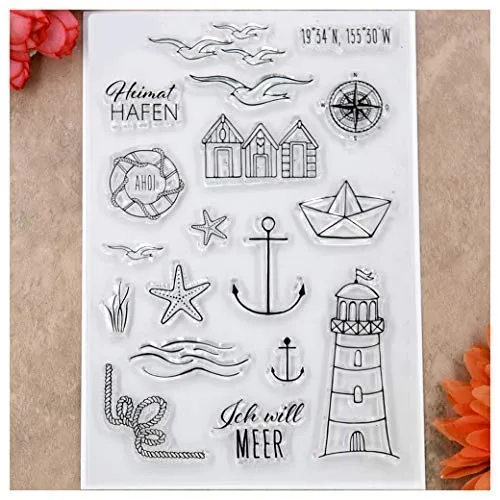 Kwan Crafts Leuchtturm Seestern Kompass Möwe Transparente Stempel für Kartengestaltung Dekoration und DIY Scrapbooking