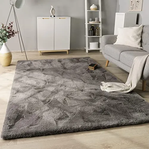 Paco Home Hochflor Teppich Wohnzimmer Schlafzimmer Modern Flauschiger Fellteppich Fell Imitat Kunstfell Langflor, Grösse:120 cm Rund, Farbe:Anthrazit