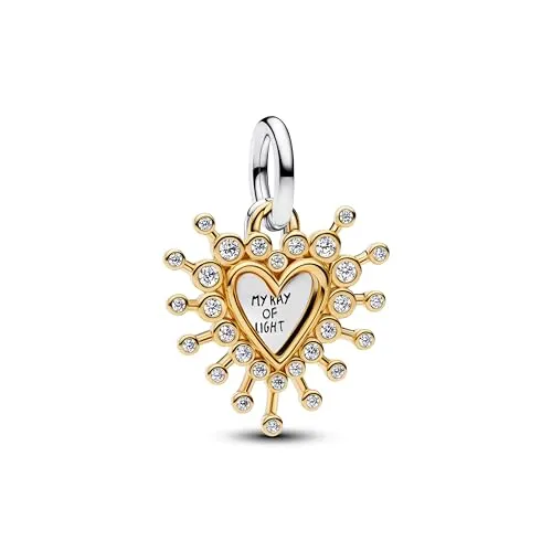 PANDORA Moments Strahlendes Herz Charm-Anhänger - Anhänger für Damen, aus Sterling-Silber mit 14K vergoldeter Metalllegierung, strahlendes Design mit Zirkonia und gravierter Botschaft