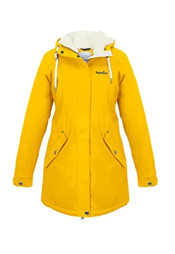 Regenliebe Damen Regenmantel Friesennerz mit Teddyfleece, Größe 40, gelb - Damen Jacke für Regenwetter, wind- und wasserdicht mit Teddy-Fleece-Futter, verstellbarer Kapuze und tailliertem Schnitt für optimalen Tragekomfort.