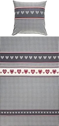 Erwin Müller Feinflanell-Bettwäsche Karo Herz grau-rot-weiß - Bettwäsche-Sets aus 100% Baumwolle, weich und flauschig für die kalte Jahreszeit, mit praktischem Reißverschluss für einfaches Be- und Abziehen.