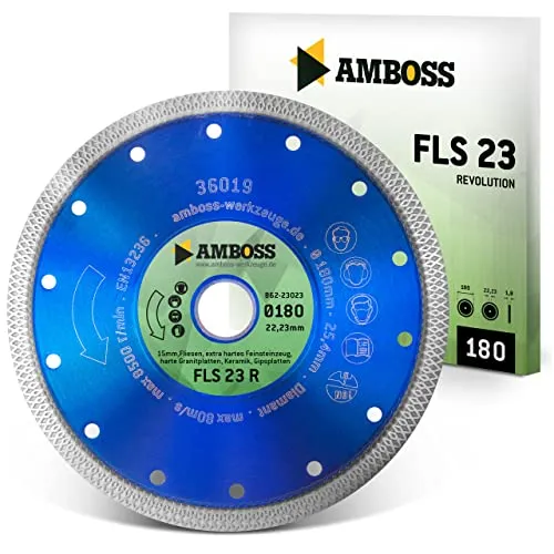 Amboss Werkzeuge Diamanttrennscheibe FLS 23R 180mm - Trennscheibe für Winkelschleifer, extrem dünn (1,8 mm) für saubere Schnitte in Fliesen, Granit und Keramik. Hohe Standzeit und vielseitig einsetzbar für Trockenschnitt und Nassschnitt.