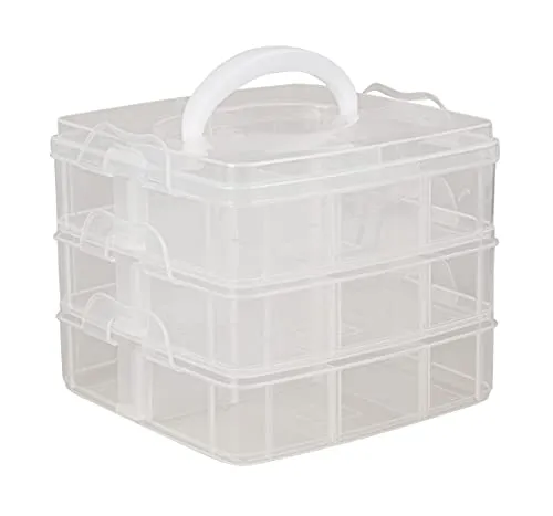 Rayher Sortierbox Aufbewahrung mit Griff, 15,5x15,5x12,9cm, 3 Etagen á 6 Fächer, für Bastel-Material, Kabel, Spielzeug, Büro-Utensilien, Accessoires