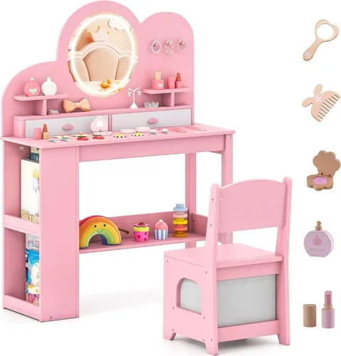 Kinderschminktisch-Set mit Beleuchtung und Stuhl in Rosa