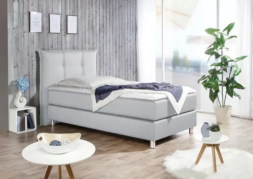 Boxspringbett MAINTAL - Komfortabel und Modern - Betten: Boxspringbett MAINTAL in hellgrau mit Tonnentaschen-Federkernmatratze, abnehmbarer Kaltschaum-Topper und waschbarem Bezug - ideal für erholsame Nächte.