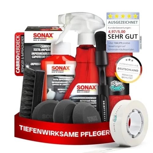 SONAX CabrioverdeckReiniger + Cabrioverdeck Textil-Imprägnierung I Premium Cabrio-Reinigungs-& Imprägnierspray für alle Verdeckarten I Für eine intensive Reinigung & schonende Pflege I 9-teiliges Set