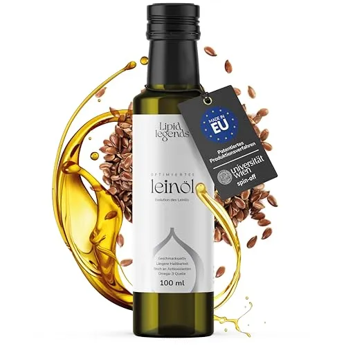 LIPID LEGENDS Leinöl 100ml Optimiert @ Uni Wien [Antioxidantien, haltbar, aromatisch, vegan, Omega 3] kaltgepresst I Erwachsene & Kinder I Vitamin E I gesunde Ernährung I ALA I LDL-Cholesterin