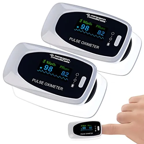 newgen medicals Oximeter 2er-Set - Medizinische Finger-Pulsoximeter mit LCD-Farbdisplay für präzise Sauerstoffmessung und Pulsfrequenz. Ideal für Sport in großen Höhen und Personen mit Atemwegserkrankungen.