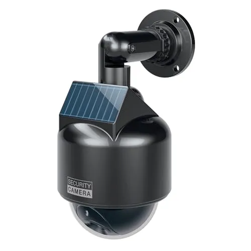 BASI | Solar Kamera-Attrappe mit blinkendem LED-Licht | Dome Kamera | Dummy Kamera | Überwachungskamera für Innen- und geschützten Außenbereich | Solar Panel | 360 Grad Halterung | Schwarz