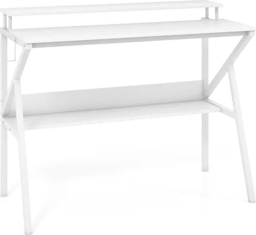 COSTWAY 100x50cm Computertisch mit Monitorständer - Weiß - Kompakter Schreibtisch für kleine Räume. Mit integriertem Monitorständer für bessere Haltung, unterem Regal und abnehmbarem Haken. Ideal für Home Office oder Gaming!