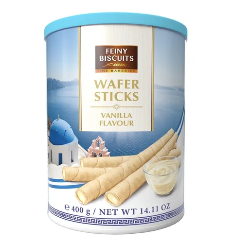 Feiny Biscuits Waffelröllchen mit Vanillegeschmackcreme 400g - Leckere Waffelröllchen mit cremiger Vanillefüllung, ideal als süßer Snack oder zum Kaffee, in praktischer Dose für frische Aufbewahrung.
